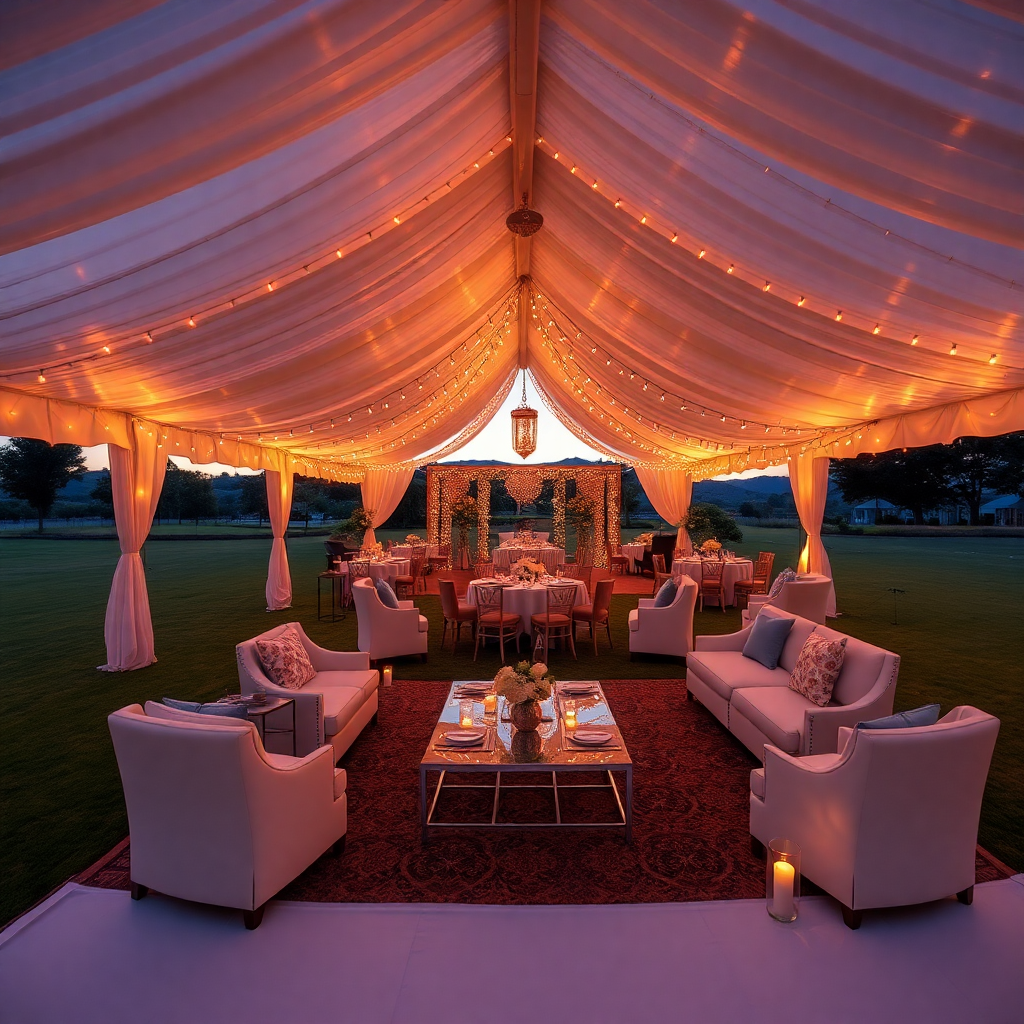Draped tent interior with lounge seating and warm lighting