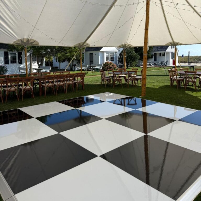 Checkered dance floor inside a tent