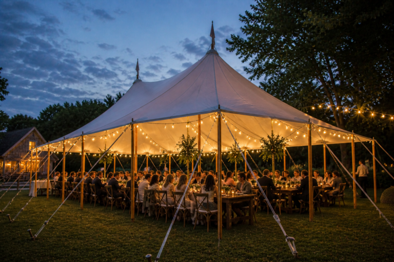 Sailcloth tent glowing with string lights at dusk over a dinner reception