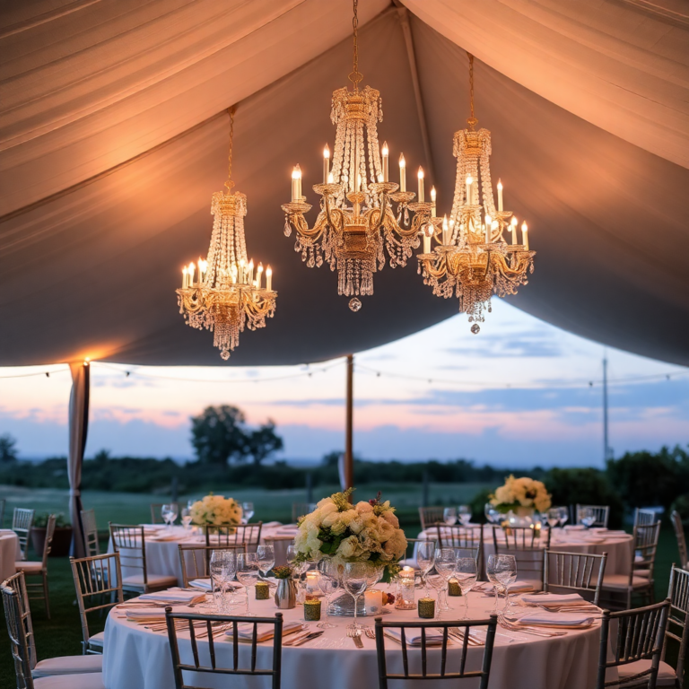 Tent reception with crystal chandeliers and sunset views