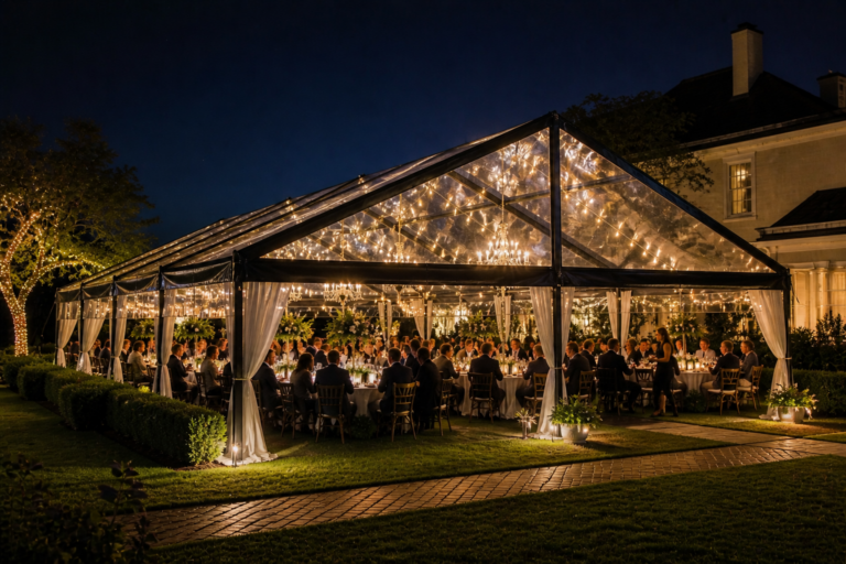 Clear-top tent lit with string lights for an evening reception