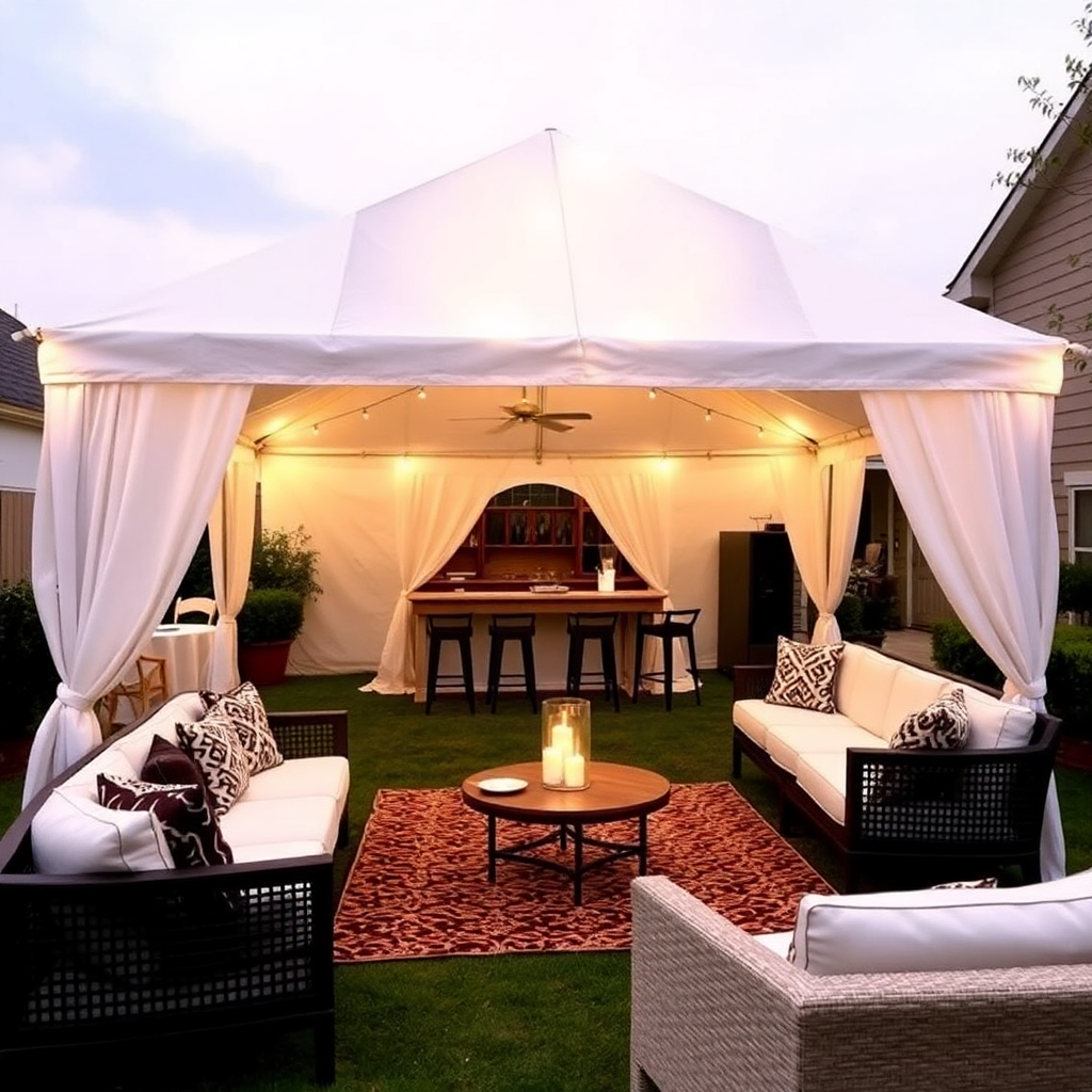 Backyard frame tent with curtains, lounge furniture and a bar